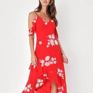 Lulu's Love in Bloom red floral print off-the-shoulder high-low dress. 